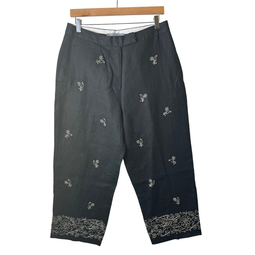 Carroll Reed 100% Linen Pants Women's Black Cropped Boho Artsy Lagenlook Flowers